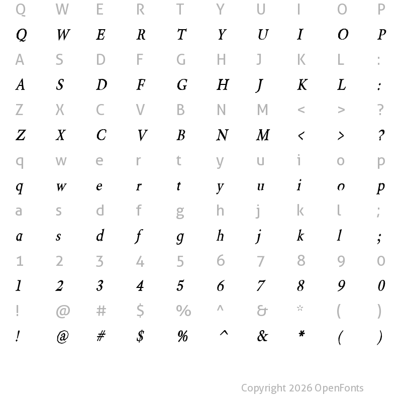 Character Map of Berylium bold Italic