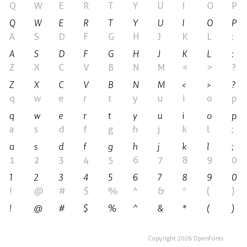 Character Map of BigCity Grotesque Pro Book Italic