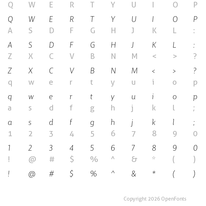 Character Map of BigCity Grotesque Pro Light Italic