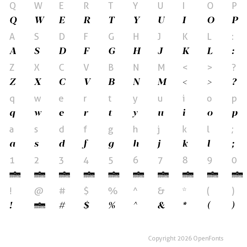 Character Map of Blacker Display Bold Italic