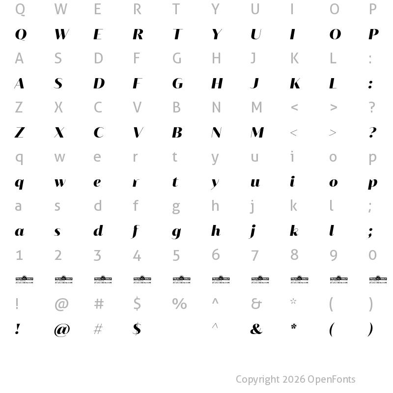 Character Map of Blacker Sans Display Trial Heavy Italic
