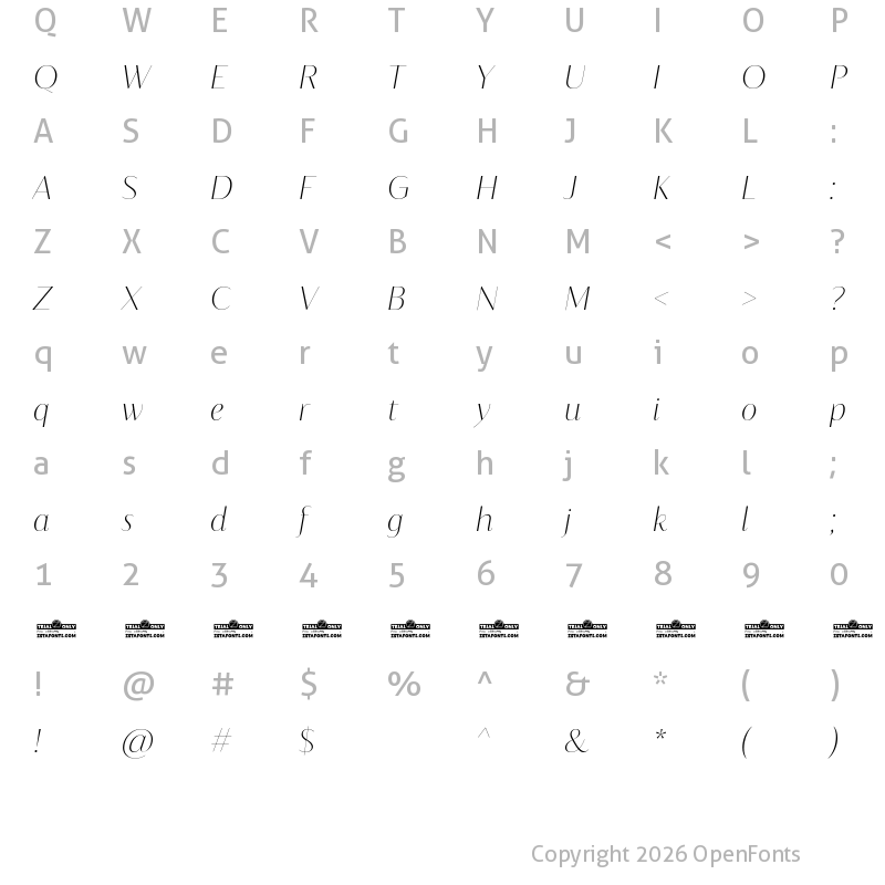 Character Map of Blacker Sans Display Trial Thin Italic