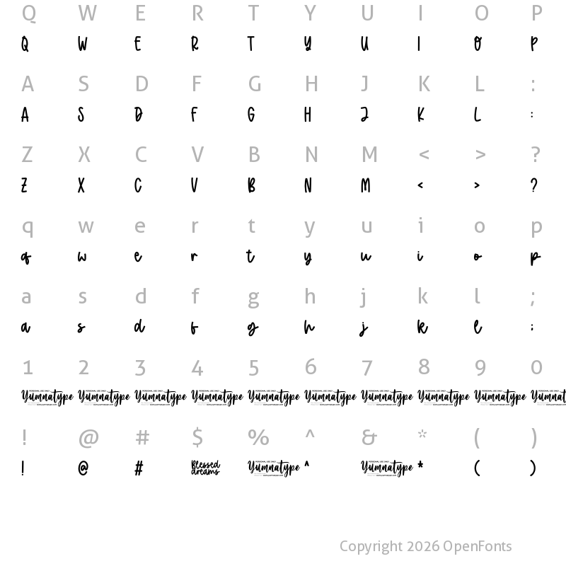 Character Map of Blessed Dreams Personal Use Regular