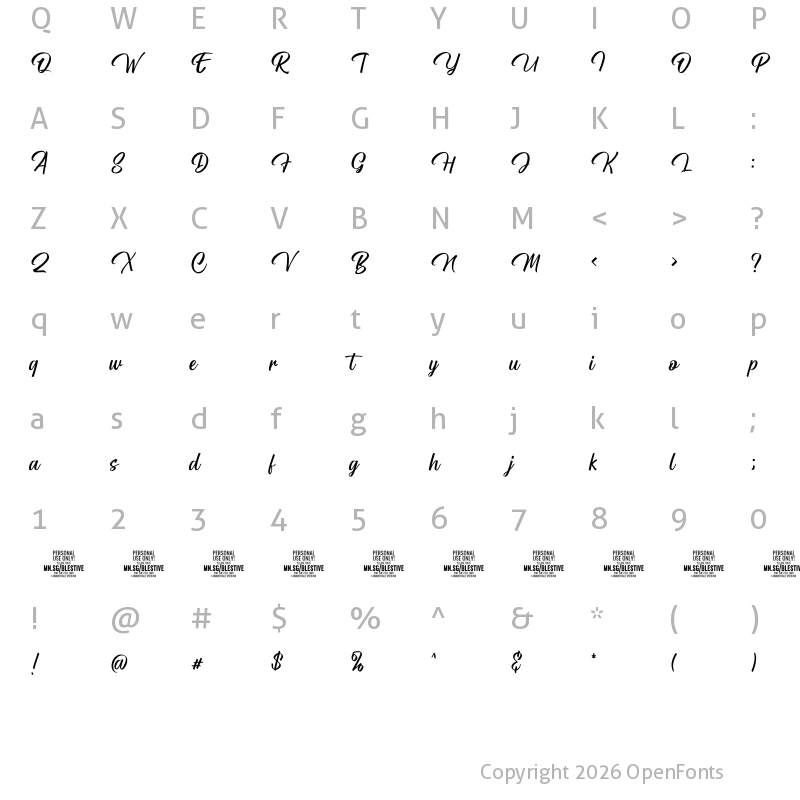 Character Map of Blestive Script PERSONAL USE Regular