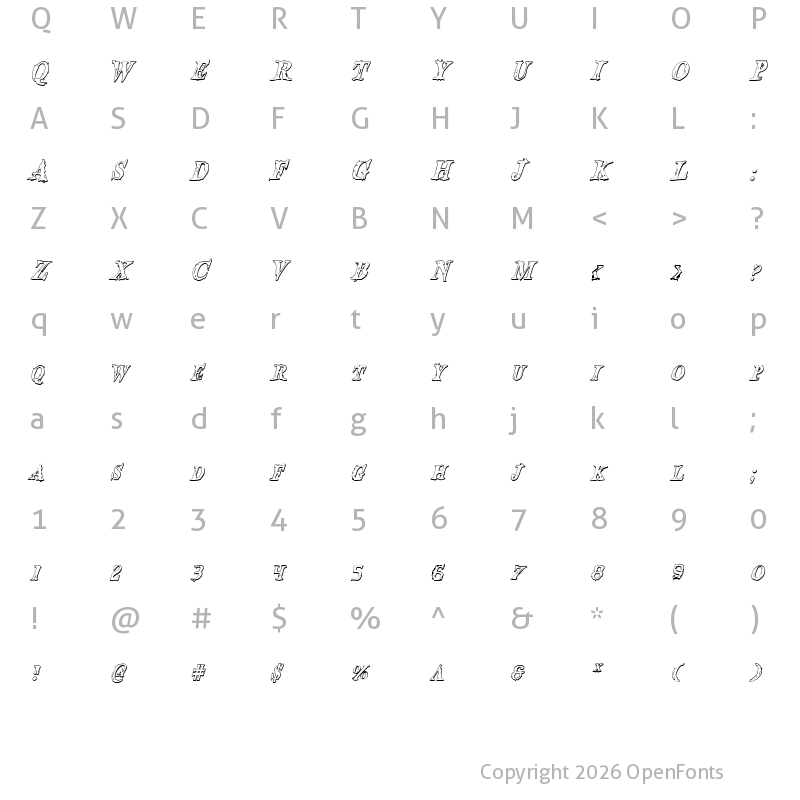 Character Map of Blood Crow Shadow Condensed Italic Condensed Italic