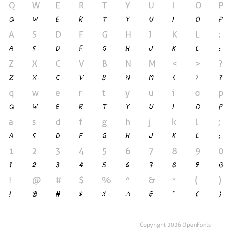Character Map of Blood Drenched Italic Regular