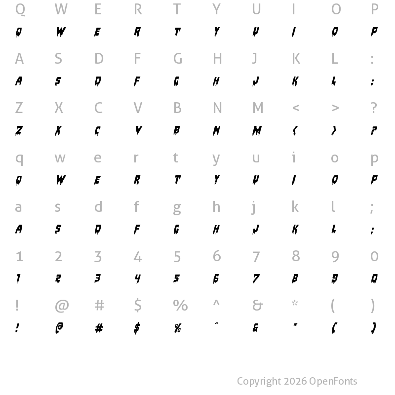 Character Map of Bloodlust Expanded Italic Expanded Italic