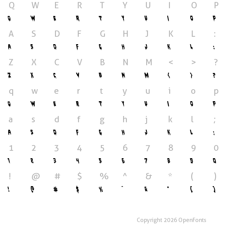 Character Map of Bloodlust Leftalic Italic