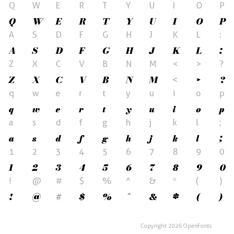 Character Map of Bodoni Moda 9pt Black Italic