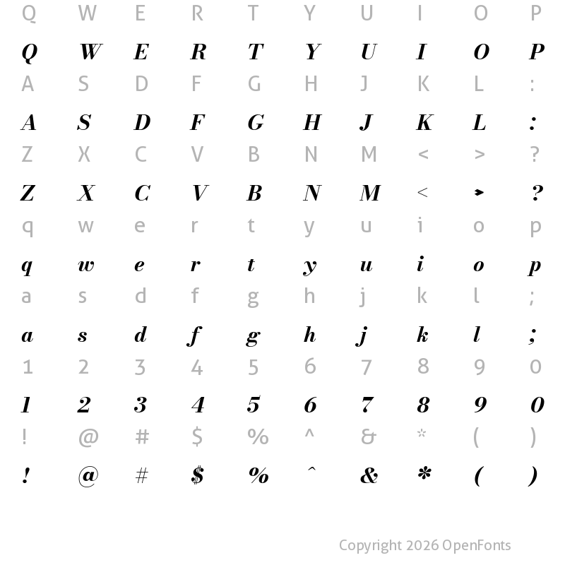 Character Map of Bodoni Moda 9pt Bold Italic