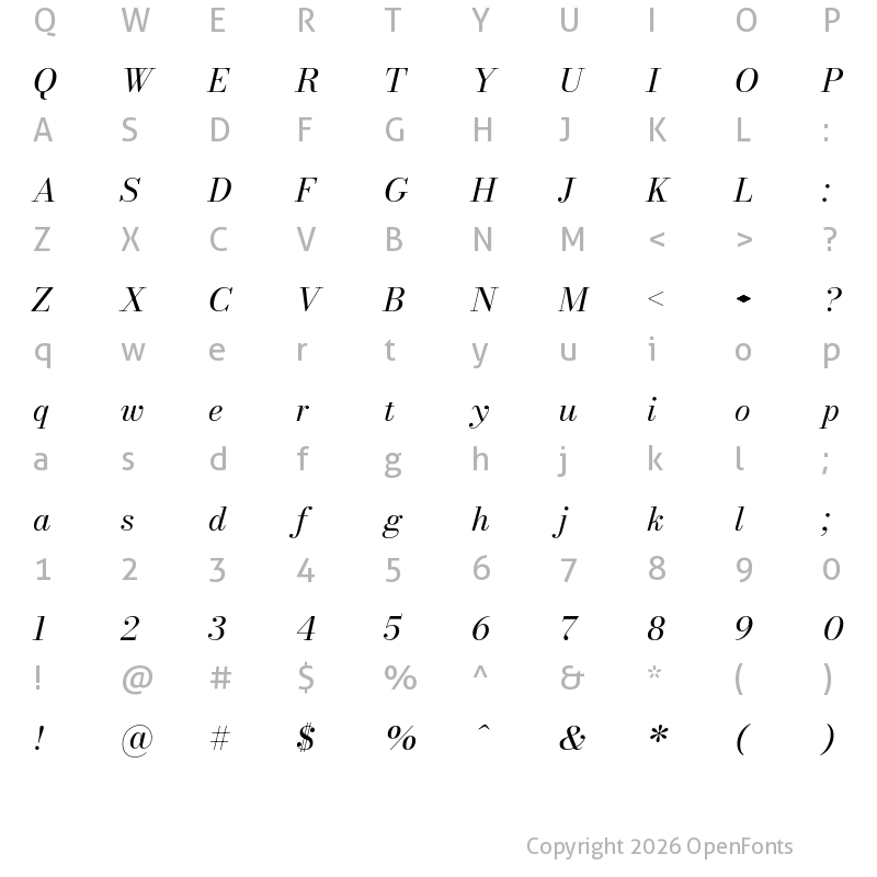 Character Map of Bodoni Moda Italic