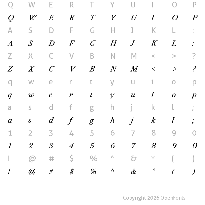 Character Map of Bodoni PT VF Italic