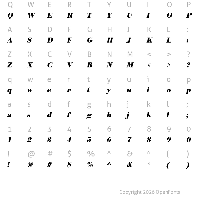 Character Map of Bodoni URW Bold Oblique