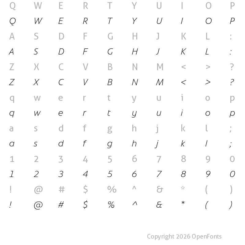 Character Map of Bonnie ExtraLight Italic