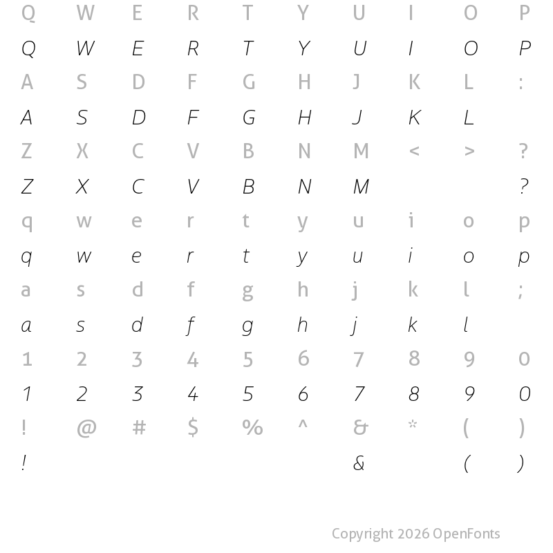 Character Map of Boreal ExtraLight Italic