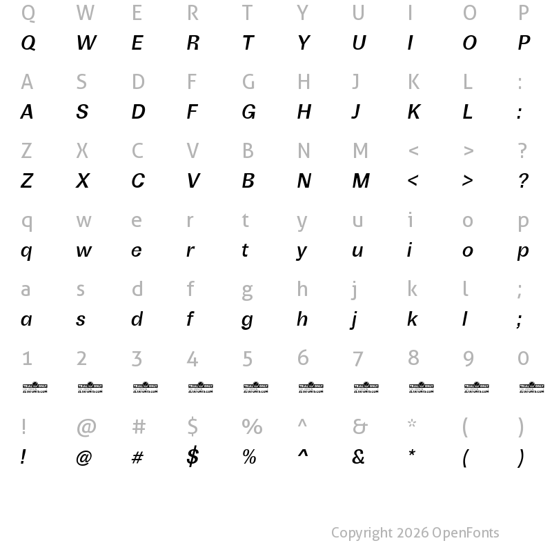 Character Map of Boring Sans B Trial Medium Italic