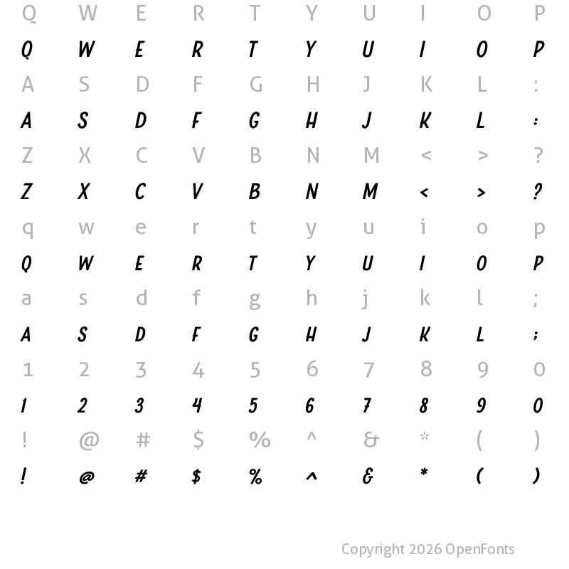 Character Map of Boucherie Sans Bold Italic