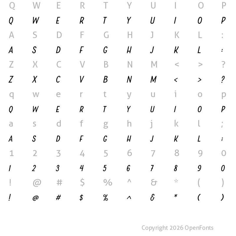 Character Map of Boucherie Sans Italic