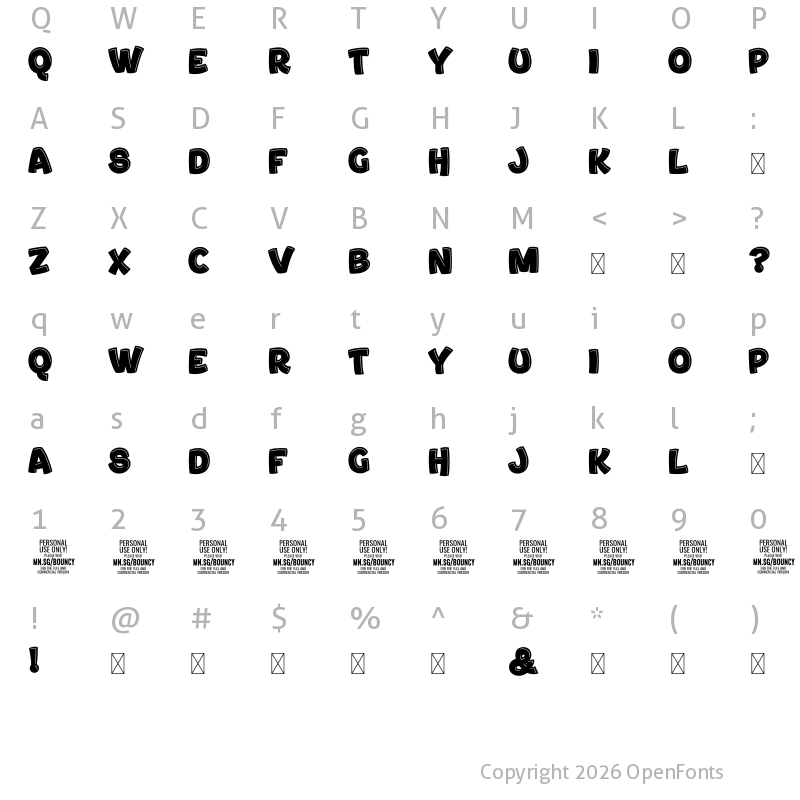 Character Map of BouncyColor PERSONAL Regular