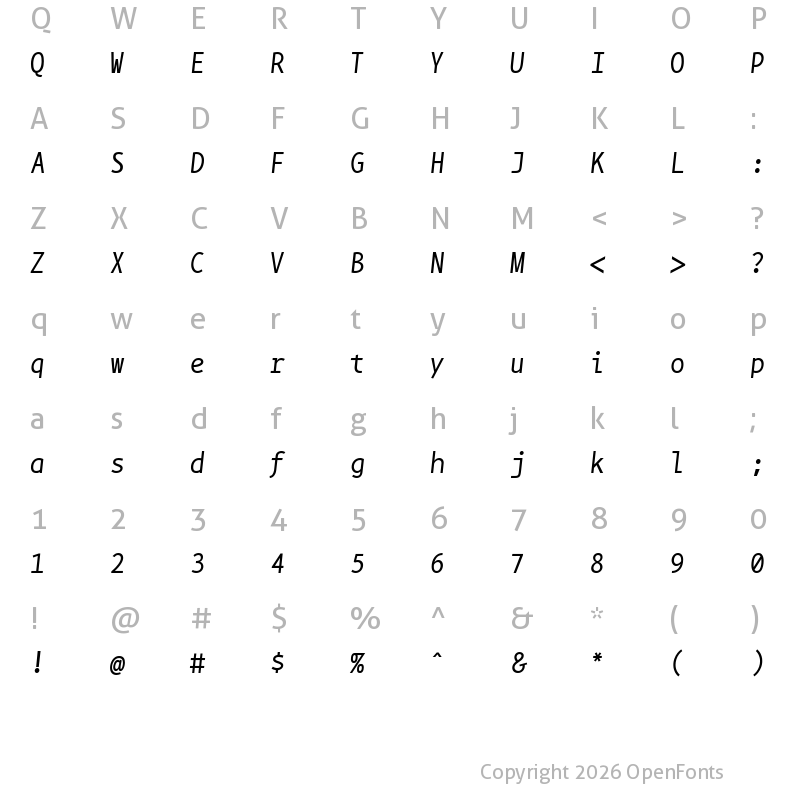 Character Map of BPmono Italic