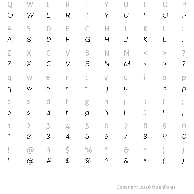 Character Map of BR Cobane Light Italic