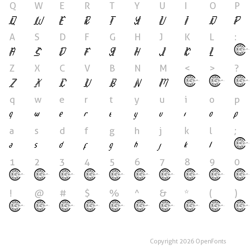 Character Map of Brainpower Demo Italic