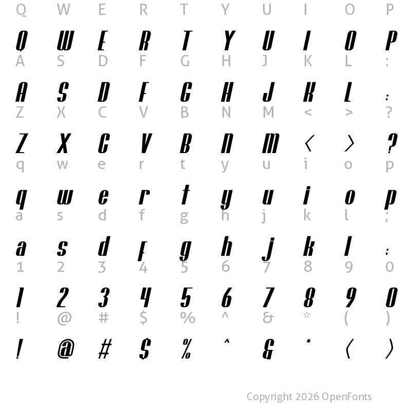 Character Map of Brasham Rounded Italic