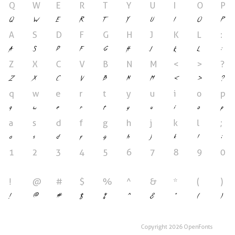 Character Map of Breathe Karma Italic Regular