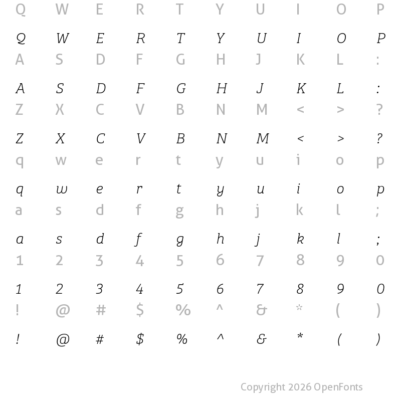 Character Map of Bree Serif Thin Italic