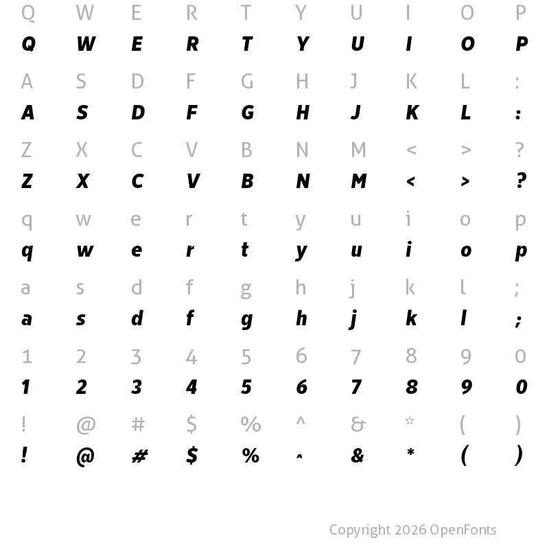 Character Map of Breno Narrow ExtraBold Italic