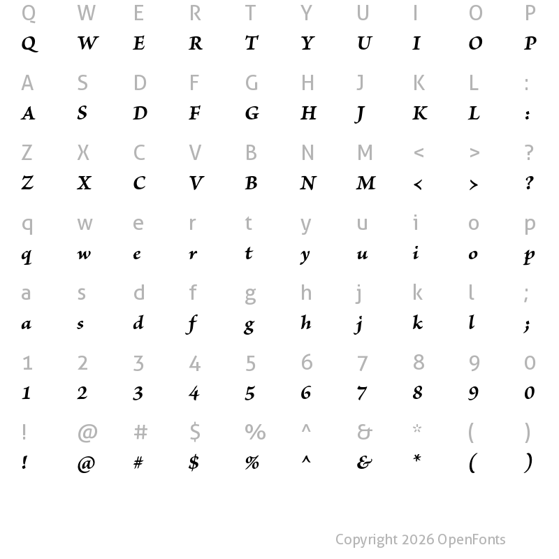 Character Map of Brioso Pro Caption Bold Italic