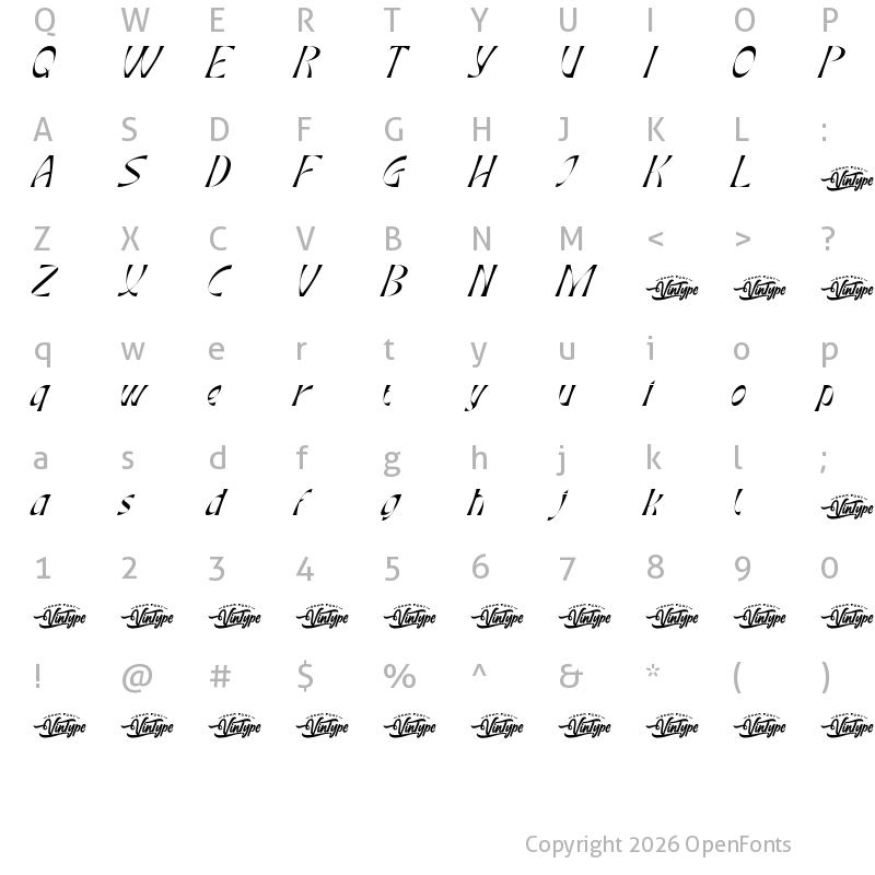 Character Map of British Throne Demo Italic