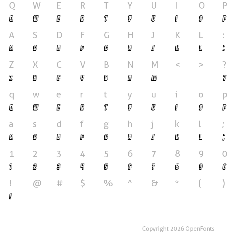 Character Map of Broadway 3D Italic
