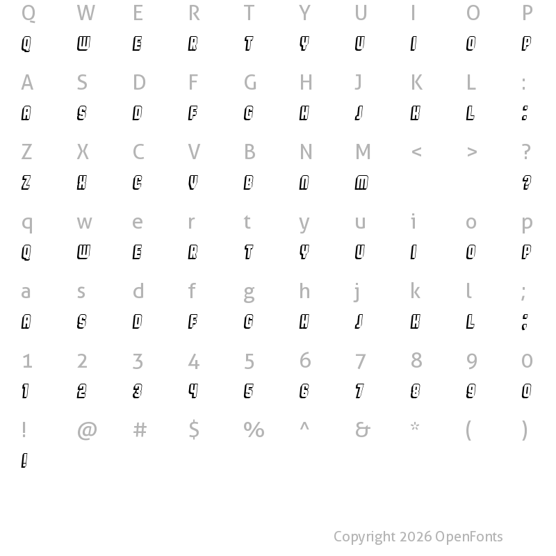 Character Map of Broadway Flat 3D Italic