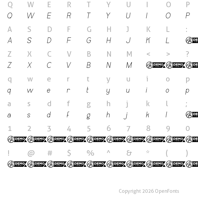 Character Map of Brockheart Demo Italic