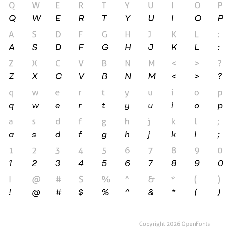 Character Map of BROmny-RegularItalic Regular