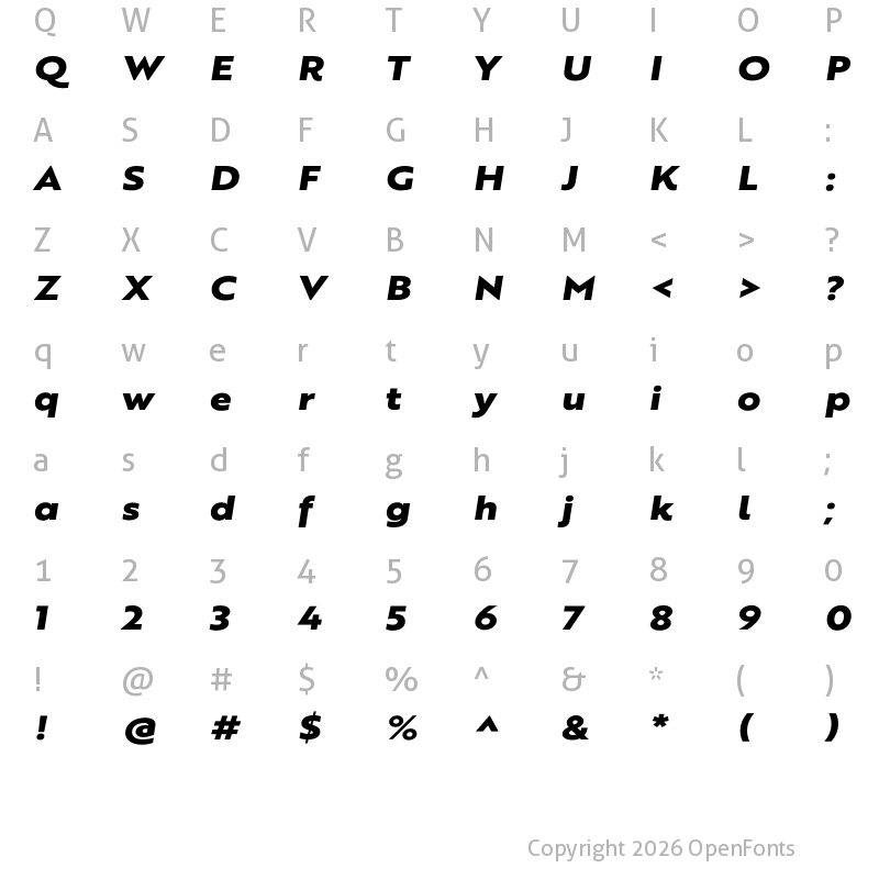 Character Map of Brother XL Heavy Italic