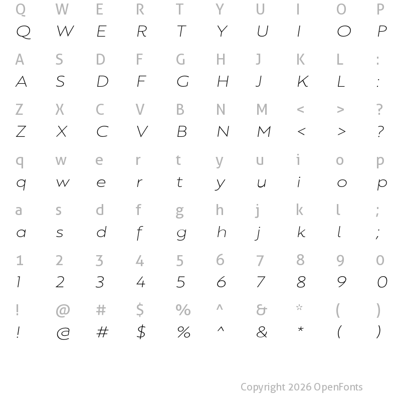 Character Map of Brother XL Thin Italic