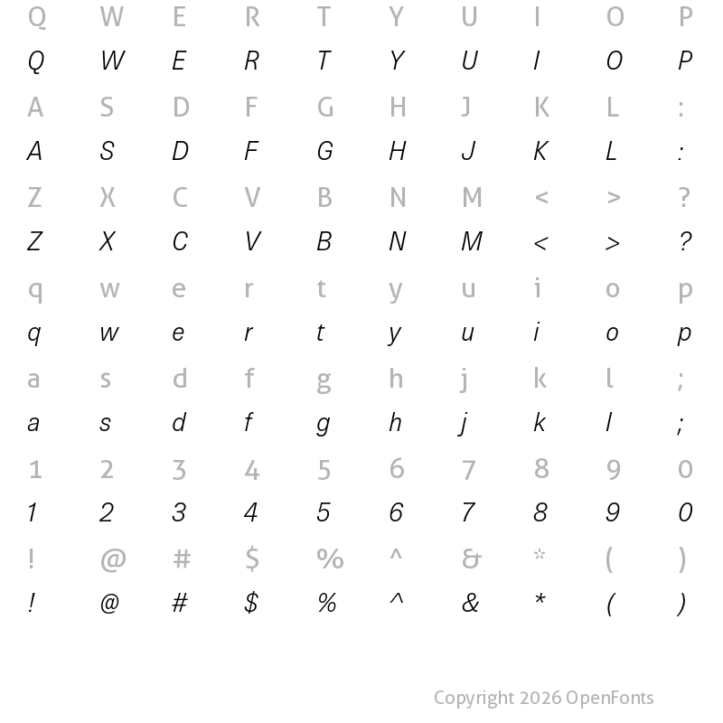 Character Map of Brown Pro Light Italic