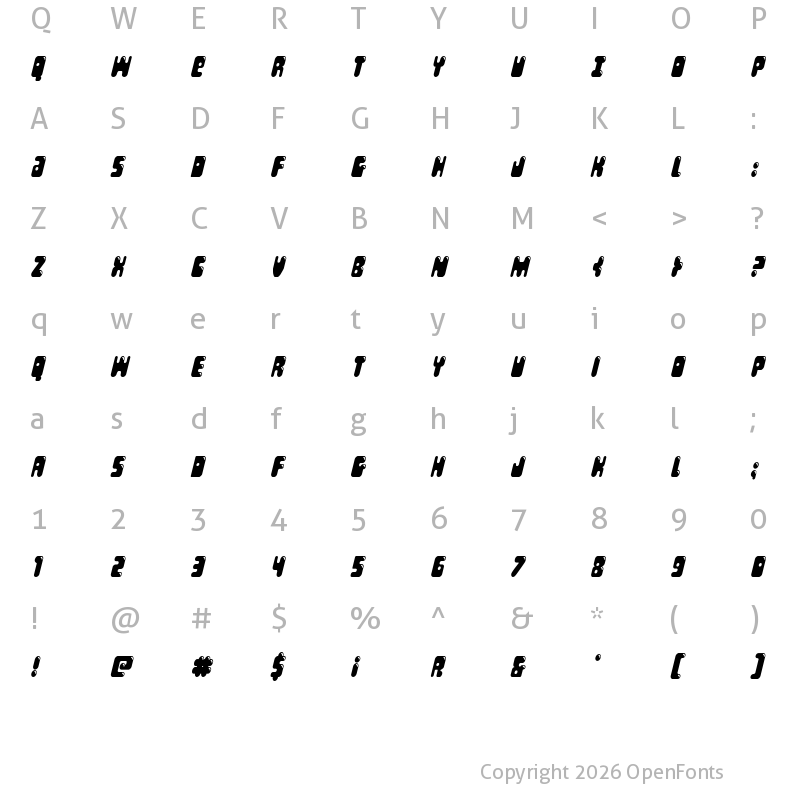 Character Map of Bubble Butt Condensed Italic Condensed Italic
