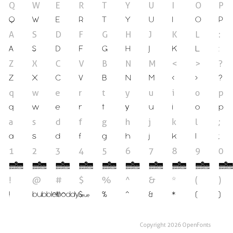 Character Map of Bubbleboddy Neue Trial Thin