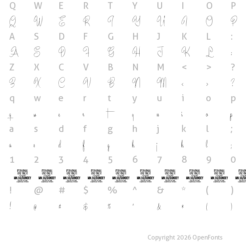Character Map of Bundey Script PERSONAL USE Regular