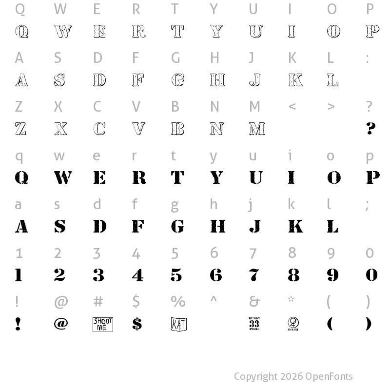 Character Map of Bundy Yellow HollowShadowed HollowShadowed
