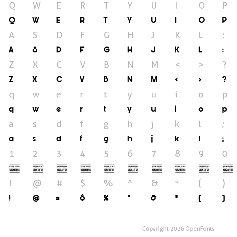 Character Map of Bunya PERSONAL Bold