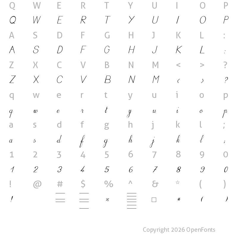 Character Map of BV Cursive Ital Italic