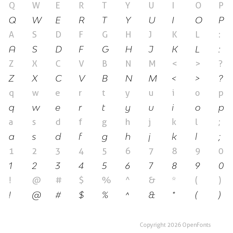 Character Map of Bw Modelica SS01 Light Italic