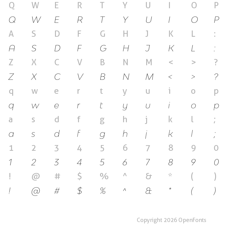 Character Map of Bw Modelica SS01 Thin Italic