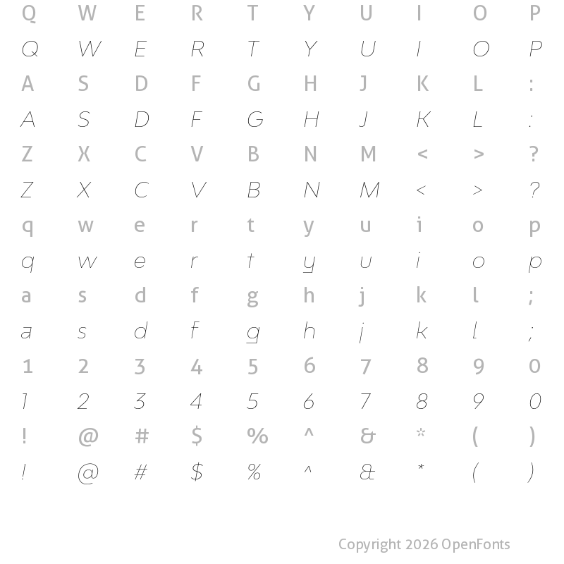 Character Map of Bw Modelica SS02 Hairline Italic