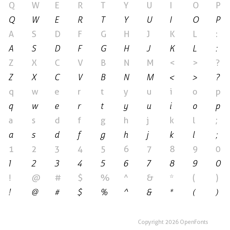 Character Map of Cabrito Sans Cond Regular Ital
