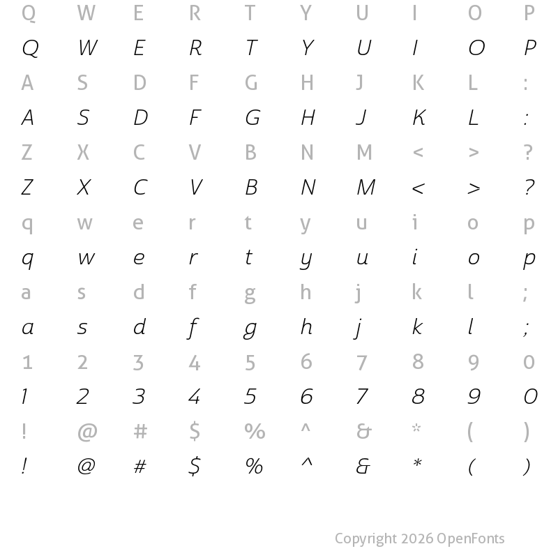 Character Map of Cabrito Sans Ext Book Ital